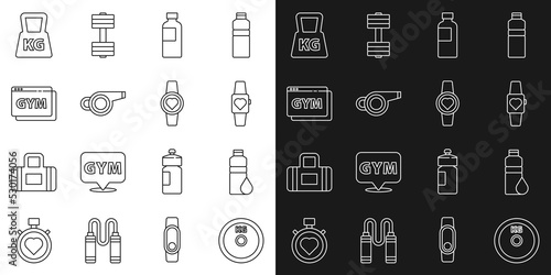 Set line Weight plate, Fitness shaker, Smartwatch, Whistle, Online fitness and training, and icon. Vector