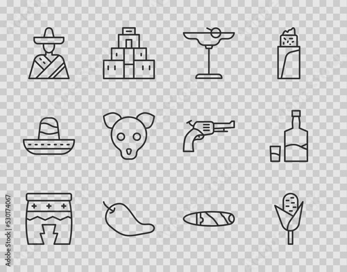 Set line Huehuetl, Corn, Margarita cocktail, Hot chili pepper pod, Mexican man sombrero, Dog, Cigar and Tequila bottle and glass icon. Vector