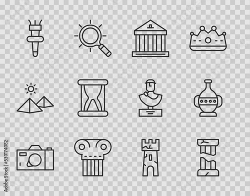 Set line Photo camera, Broken ancient column, Museum building, Ancient, Torch flame, Old hourglass with sand, Castle tower and amphorae icon. Vector