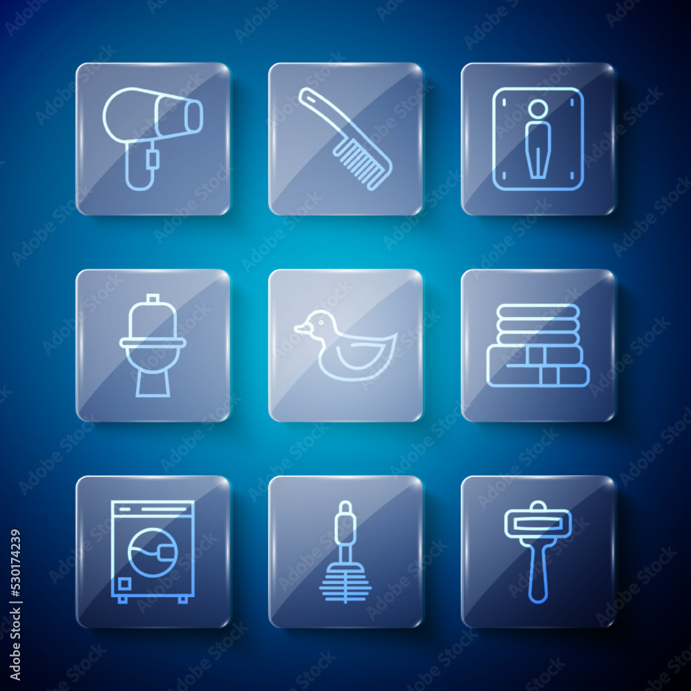 Set line Washer, Toilet brush, Shaving razor, Male toilet, Rubber duck, bowl, Hair dryer and Towel stack icon. Vector Set line Washer, Toilet brush, Shaving razor, Male toilet, Rubber duck, bowl, Hair dryer and Towel stack icon. Vector