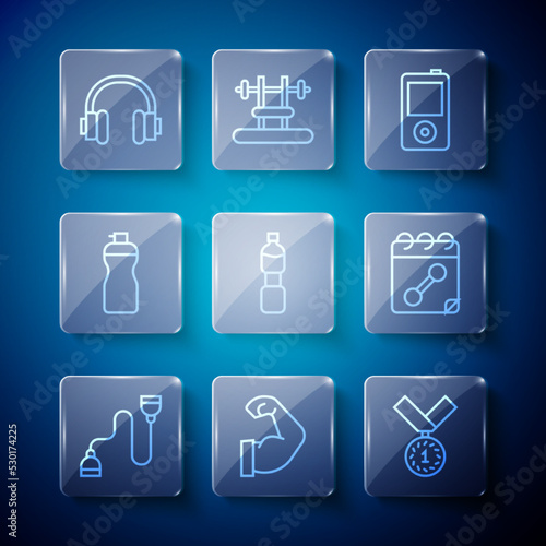 Set line Chest expander, Bodybuilder muscle, Medal, Music player, Bottle of water, Fitness shaker, Headphones and Calendar fitness icon. Vector
