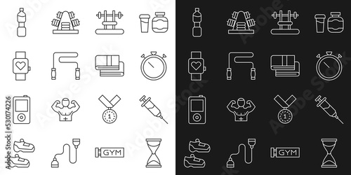 Set line Old hourglass, Doping syringe, Stopwatch, Bench with barbel, Jump rope, Smart, Bottle of water and Towel stack icon. Vector