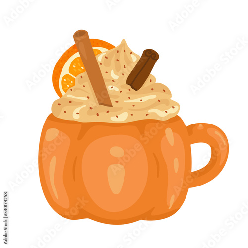 Cup in the shape of a pumpkin. Pumpkin latte with foam. Autumn, seasonal hot drink.
