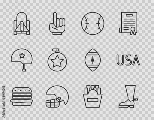 Set line Burger, Cowboy boot, Baseball ball, American football helmet, Rocket launch from the spaceport, Canteen water bottle, Potatoes french fries in box and USA label icon. Vector