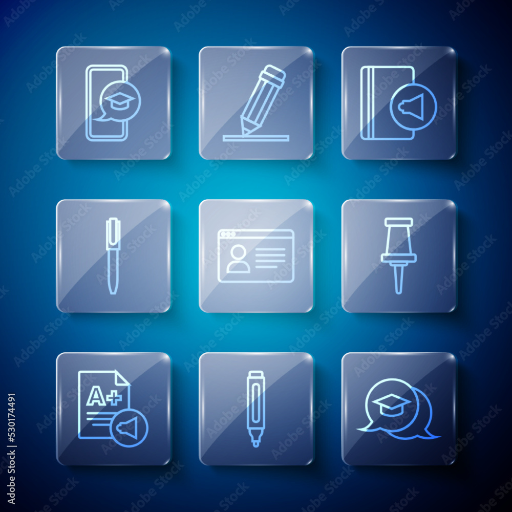Set line Exam sheet with A plus grade, Marker pen, Graduation cap in speech bubble, Audio book, Online class, Pen, mobile and Push pin icon. Vector Set line Exam sheet with A plus grade, Marker pen, Graduation cap in speech bubble, Audio book, Online class, Pen, mobile and Push pin icon. Vector