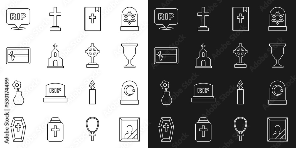 Set line Mourning photo frame, Muslim cemetery, Christian chalice, Holy bible book, Church building, Beat dead monitor, Speech bubble rip death and Grave with cross icon. Vector