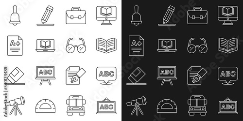 Set line Chalkboard, Alphabet, Open book, Briefcase, Online class, Exam sheet with plus grade, Ringing bell and Glasses icon. Vector