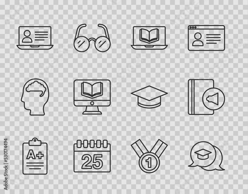 Set line Exam sheet with A plus grade, Graduation cap in speech bubble, Online class, Calendar, Medal and Audio book icon. Vector