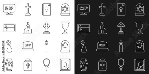 Set line Mourning photo frame, Muslim cemetery, Christian chalice, Holy bible book, Church building, Beat dead monitor, Speech bubble rip death and Grave with cross icon. Vector
