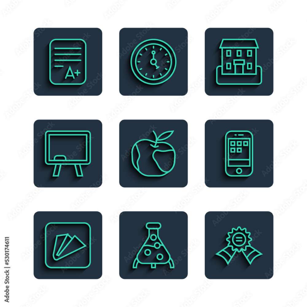 Set line Paper airplane, Test tube and flask, Medal, School building, Apple, Chalkboard, Exam sheet with plus grade and Smartphone icon. Vector Set line Paper airplane, Test tube and flask, Medal, School building, Apple, Chalkboard, Exam sheet with plus grade and Smartphone icon. Vector