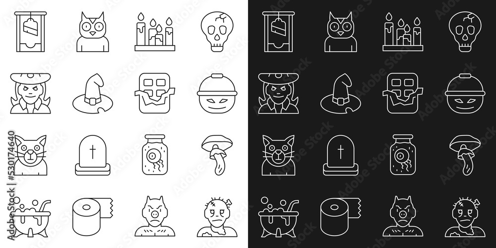 Set line Zombie mask, Psilocybin mushroom, Pumpkin basket for sweets, Burning candle, Witch hat, Guillotine and Chocolate bar icon. Vector