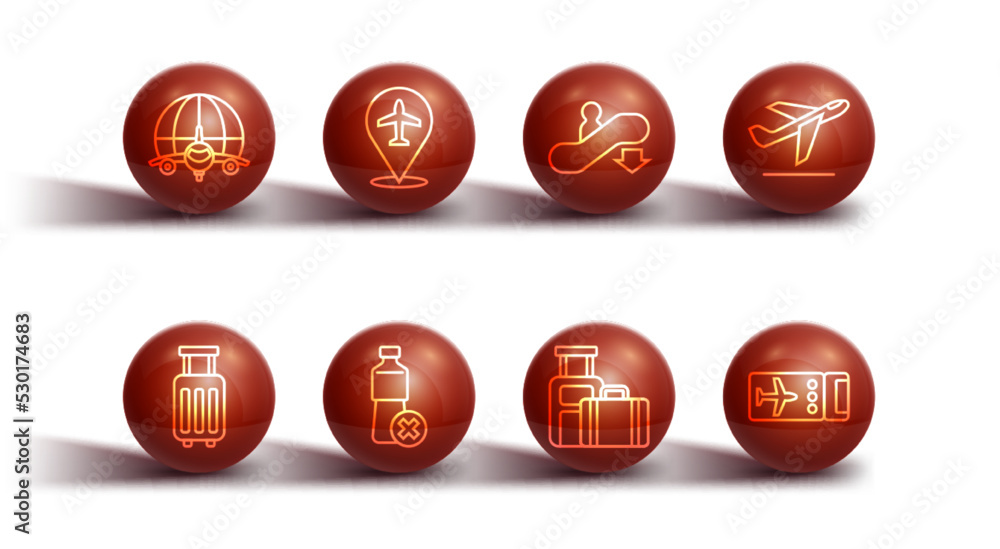 Set line Globe with flying plane, Suitcase, Plane takeoff, No water bottle, Airline ticket and Escalator down icon. Vector Set line Globe with flying plane, Suitcase, Plane takeoff, No water bottle, Airline ticket and Escalator down icon. Vector