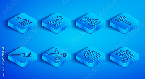 Set line Barrette, Hairdresser pistol spray bottle, Aftershave, Scissors hairdresser, Cream cosmetic jar, Shaving razor, Mop and Bottle of shampoo icon. Vector