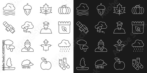 Set line Socks, Cloud with rain, Calendar autumn leaves, Leaf or, Kite, Winter scarf, Windy weather and Graduate and graduation cap icon. Vector
