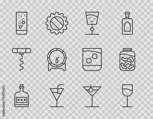 Set line Alcohol drink Rum bottle, Wine glass, Cocktail, Effervescent tablets water, Wooden barrel on rack, Martini and Pickled cucumbers jar icon. Vector