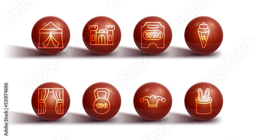 Set line Circus tent, curtain raises, Ice cream waffle cone, Jester hat with bells, Weight, Castle, Magician and rabbit ears and ticket icon. Vector