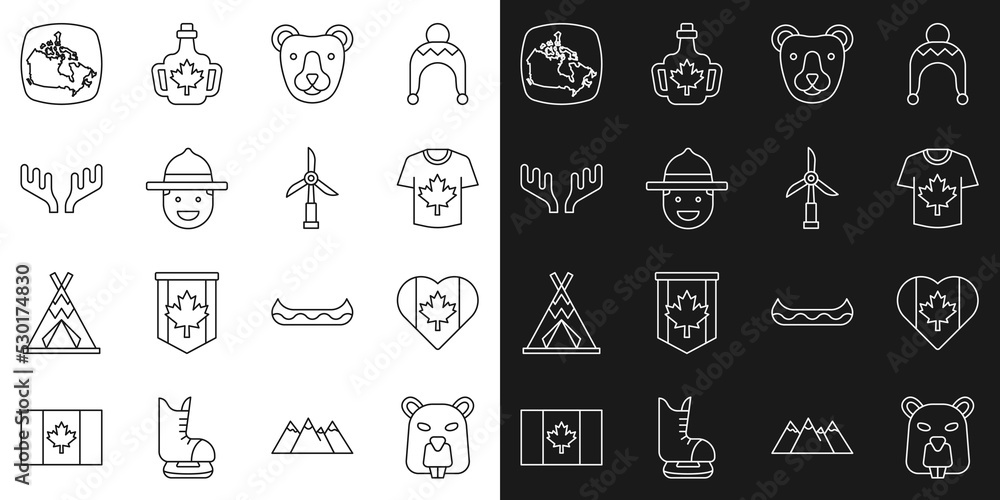 Set line Beaver animal, Heart shaped Canada flag, Hockey jersey, Bear head, Canadian ranger hat, Deer antlers, map and Wind turbine icon. Vector