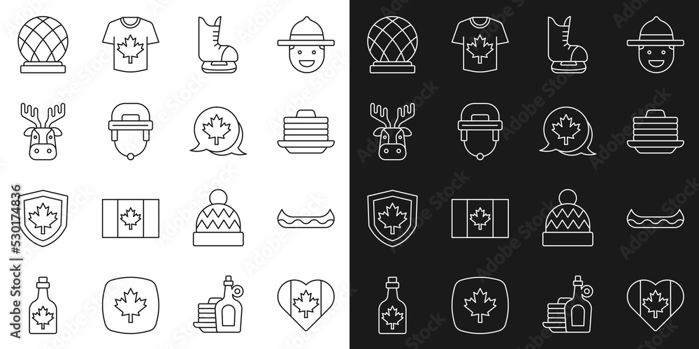 Set line Heart shaped Canada flag, Kayak, Stack of pancakes, Skates, Hockey helmet, Deer head with antlers, Montreal Biosphere and Canadian maple leaf icon. Vector Set line Heart shaped Canada flag, Kayak, Stack of pancakes, Skates, Hockey helmet, Deer head with antlers, Montreal Biosphere and Canadian maple leaf icon. Vector