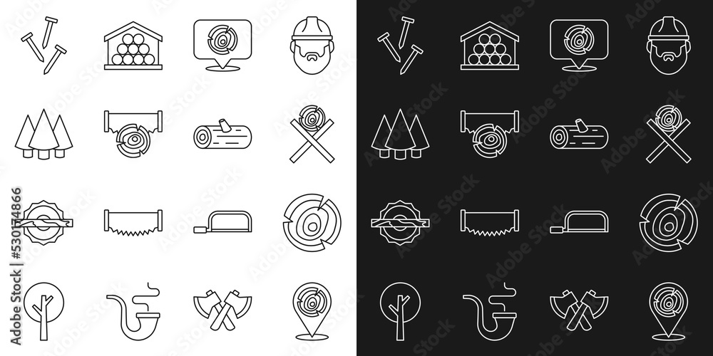Set line Wooden logs, on a stand, Two-handed saw, Christmas tree, Metallic nails and icon. Vector