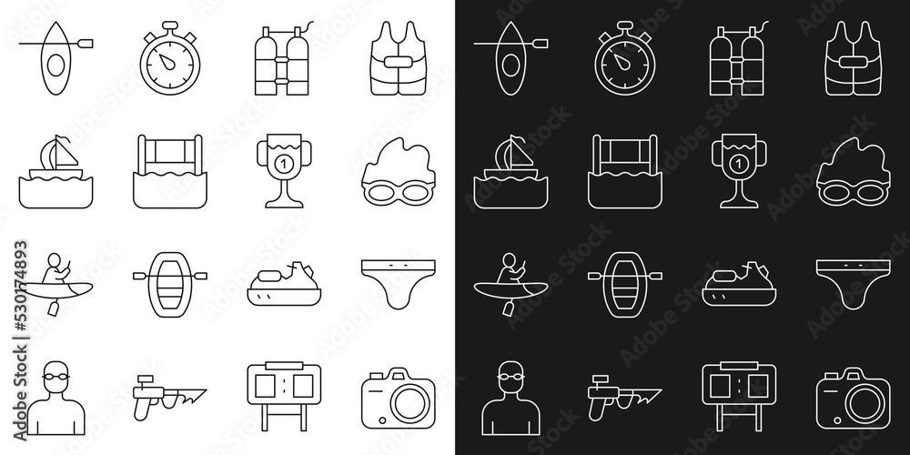 Set line Photo camera, Swimming trunks, Glasses for swimming, Aqualung, Water volleyball net, Yacht sailboat, Kayak and paddle and Award cup icon. Vector