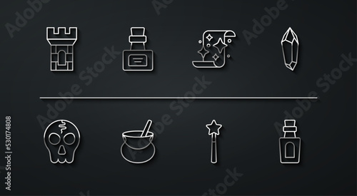 Set line Castle tower, Skull, Magic stone, wand, Witch cauldron, Bottle with potion, and scroll icon. Vector