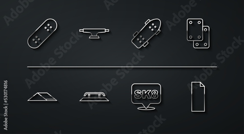 Set line Skateboard, park, Knee pads, stairs with rail, wheel, Grip tape on skateboard and icon. Vector