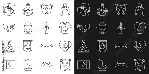 Set line Beaver animal, Heart shaped Canada flag, Hockey jersey, Bear head, Canadian ranger hat, Deer antlers, map and Wind turbine icon. Vector