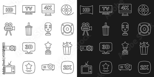 Set line 2k Ultra HD, Popcorn in cardboard box, Stereo speaker, Screen tv with 4k, Paper glass water, Retro cinema camera, Hd movie, tape, frame and Microphone icon. Vector