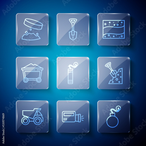 Set line Mining dump truck, Flashlight, Bomb, Gold mine, Dynamite, Mine coal trolley, Giant magnet holding iron dust and Shovel and stone icon. Vector