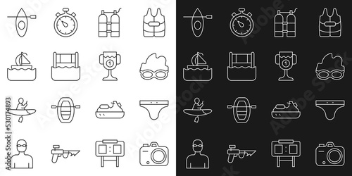 Set line Photo camera, Swimming trunks, Glasses for swimming, Aqualung, Water volleyball net, Yacht sailboat, Kayak and paddle and Award cup icon. Vector