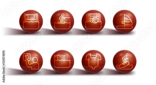 Set line Water volleyball net, Assessment of judges, Windsurfing, Swimsuit, Diving board or springboard, skiing man, Surfboard and polo icon. Vector