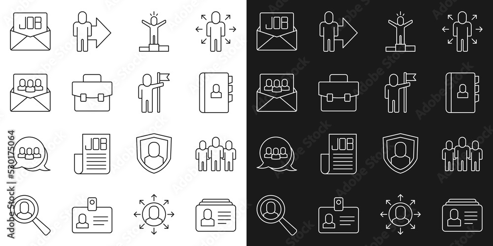 Set line Resume, Project team base, Productive human, Briefcase, Search job and Man holding flag icon. Vector