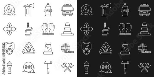 Set line Firefighter axe, hose reel, Traffic cone, hydrant, Emergency call and gloves icon. Vector