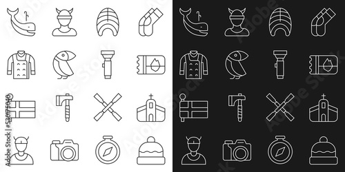Set line Beanie hat, Church building, Ticket Iceland, Fish steak, Albatross, Sweater, Whale and Flashlight icon. Vector