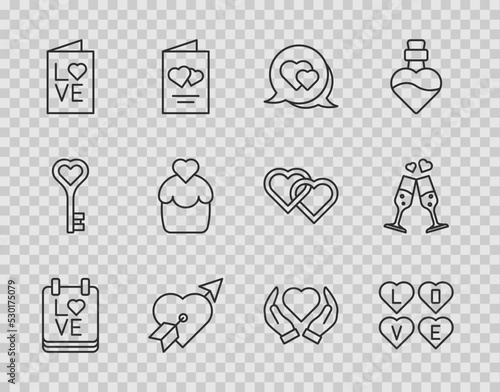 Set line Calendar with February 14, Love text, Heart in speech bubble, Amour heart and arrow, Valentines day party flyer, Wedding cake, hand and Glass of champagne icon. Vector