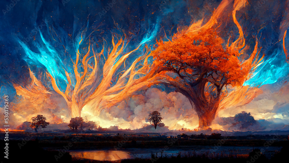 Giant and magical trees exploding with blue and orange fire. Fantasy