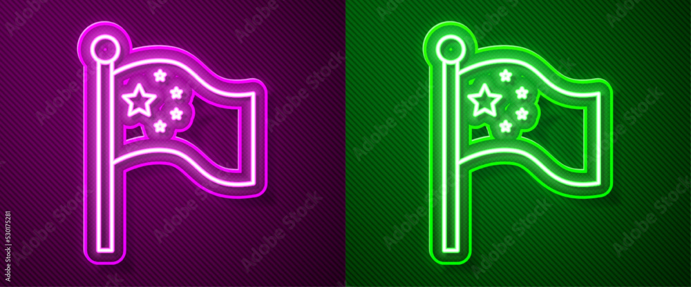 Glowing neon line China flag on flagpole icon isolated on purple and green background. Vector Glowing neon line China flag on flagpole icon isolated on purple and green background. Vector
