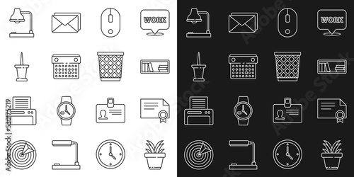 Set line Plant in pot, Certificate template, Shelf with books, Computer mouse, Calendar, Push pin, Table lamp and Trash can icon. Vector