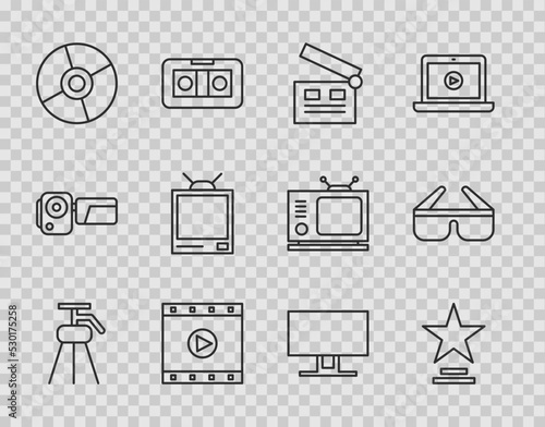 Set line Tripod, Movie trophy, clapper, Play Video, CD or DVD disk, Retro tv, Smart Tv and 3D cinema glasses icon. Vector