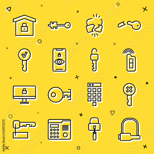 Set line Bicycle lock, Wrong key, Car with remote, Broken or cracked, Eye scan, Key, House under protection and Unlocked icon. Vector