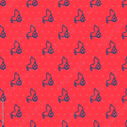 Blue line Stomach heartburn icon isolated seamless pattern on red background. Stomach burn. Gastritis and acid reflux, indigestion and stomach pain problems. Vector