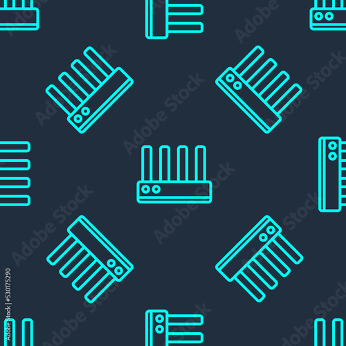 Green line Router and wi-fi signal icon isolated seamless pattern on blue background. Wireless ethernet modem router. Computer technology internet. Vector