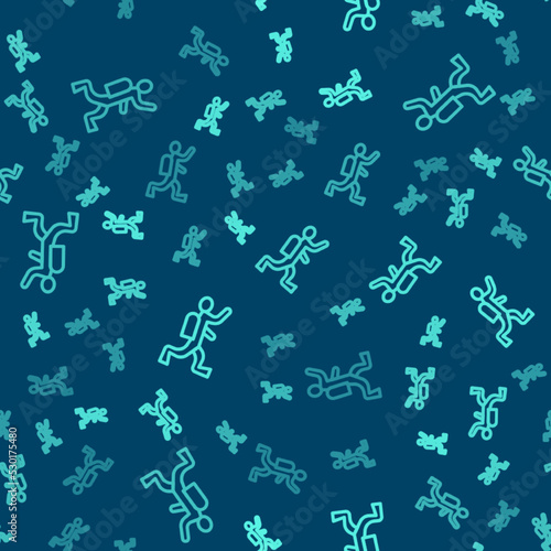 Green line Scuba diver icon isolated seamless pattern on blue background. Vector