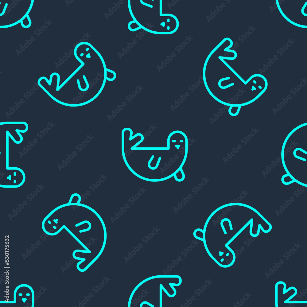 Fototapeta premium Green line Fur seal animal icon isolated seamless pattern on blue background. Vector