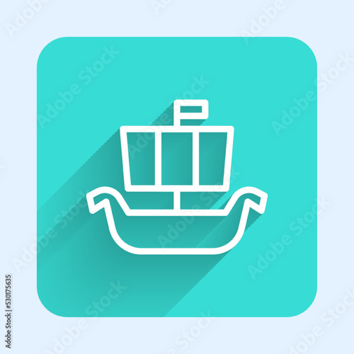 White line Ancient viking scandinavian drakkar icon isolated with long shadow background. Viking transport ship. Green square button. Vector