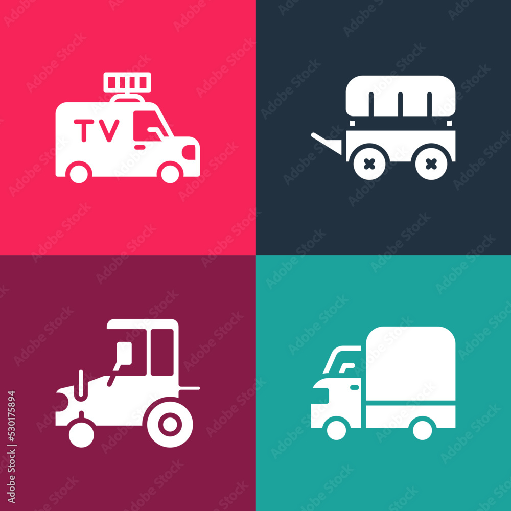 Set pop art Delivery cargo truck, Tractor, Wild west covered wagon and TV News icon. Vector