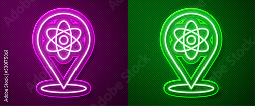 Glowing neon line Atom icon isolated on purple and green background. Symbol of science, education, nuclear physics, scientific research. Vector