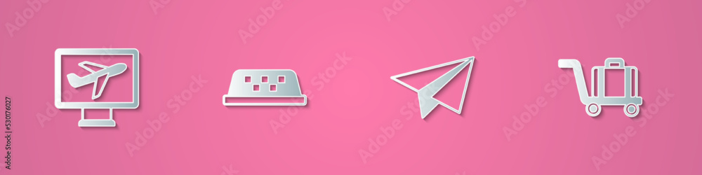 Set paper cut Plane, Taxi car roof, Paper airplane and Trolley baggage icon. Paper art style. Vector Set paper cut Plane, Taxi car roof, Paper airplane and Trolley baggage icon. Paper art style. Vector