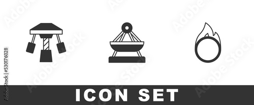 Set Attraction carousel, Boat swing and Circus fire hoop icon. Vector