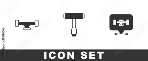 Set Skateboard wheel, T tool and icon. Vector